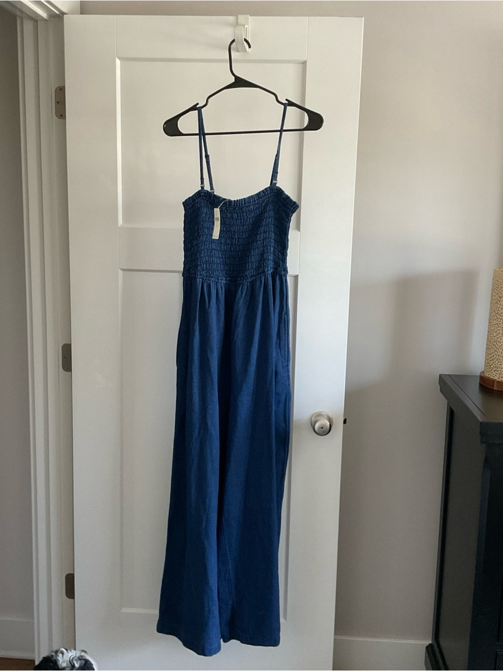 Anthropologie Navy Blue Smocked Strap Jumpsuit